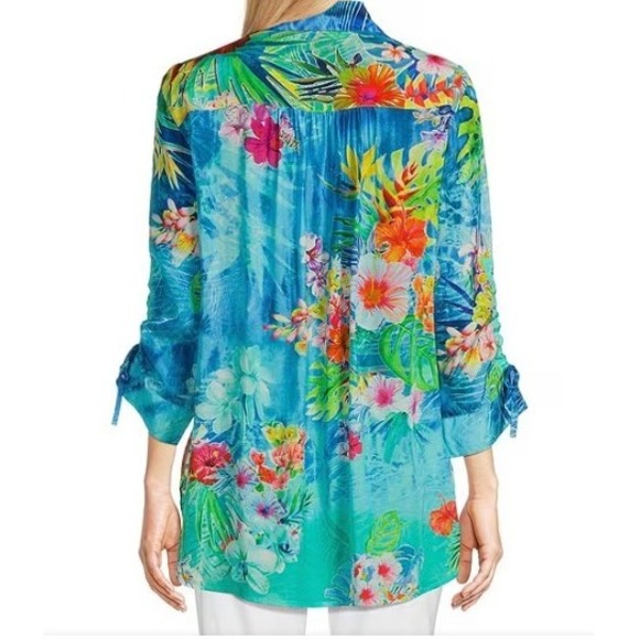 John Mark Womens Large Blue Tropical Island Print Button Front Top Shirt NWT - Picture 2 of 9